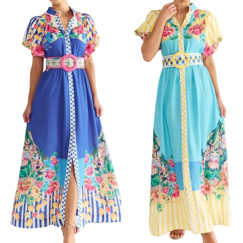 Garden Floral Button-Up Mock Neck Puff Sleeve Wide Belt Slit Front Maxi Dress - Picture 16 of 16